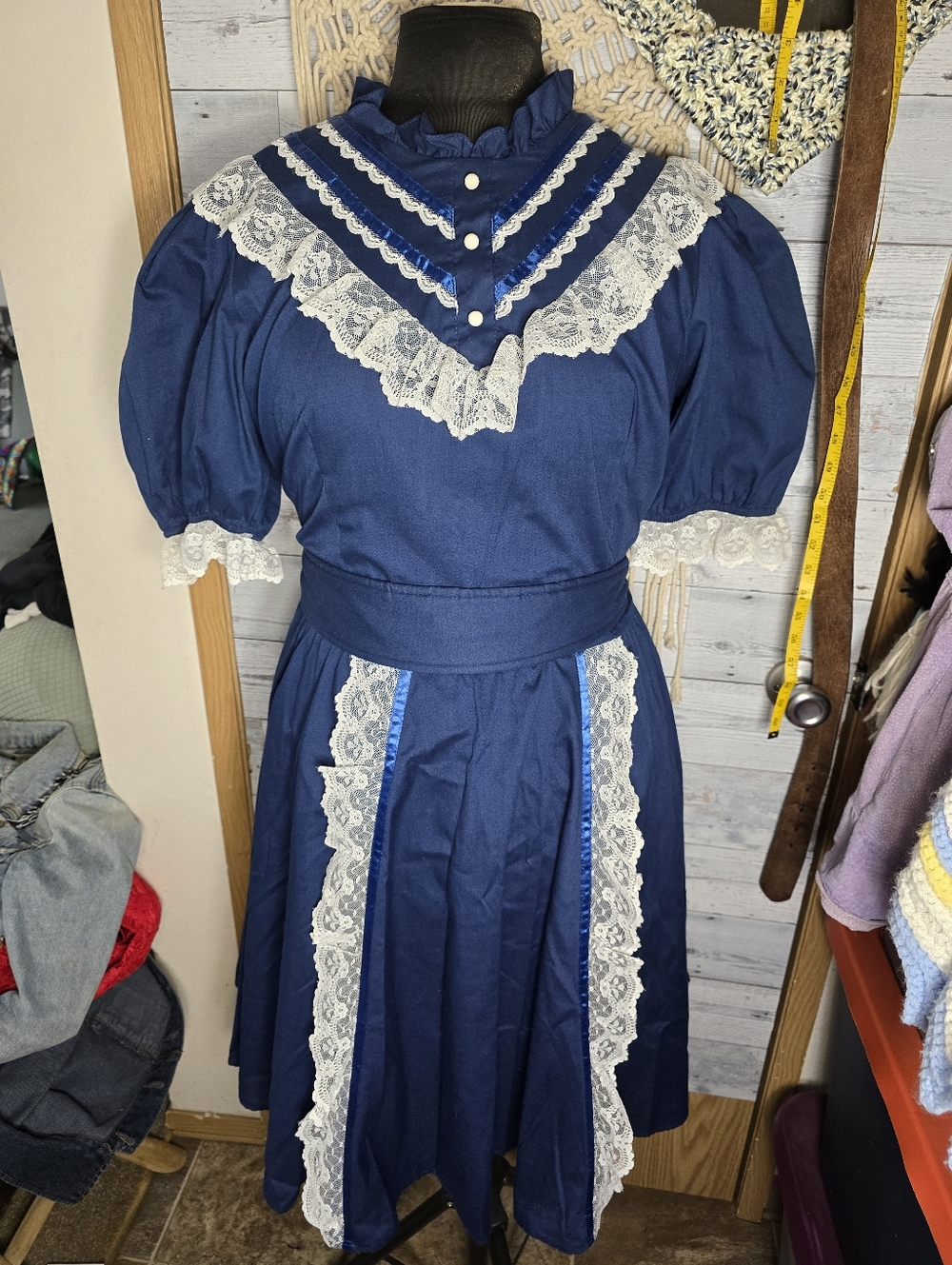 Vtg 80's Jeri Bee Navy Blue Lace Details Square Dance Western Prairie Midi Dress